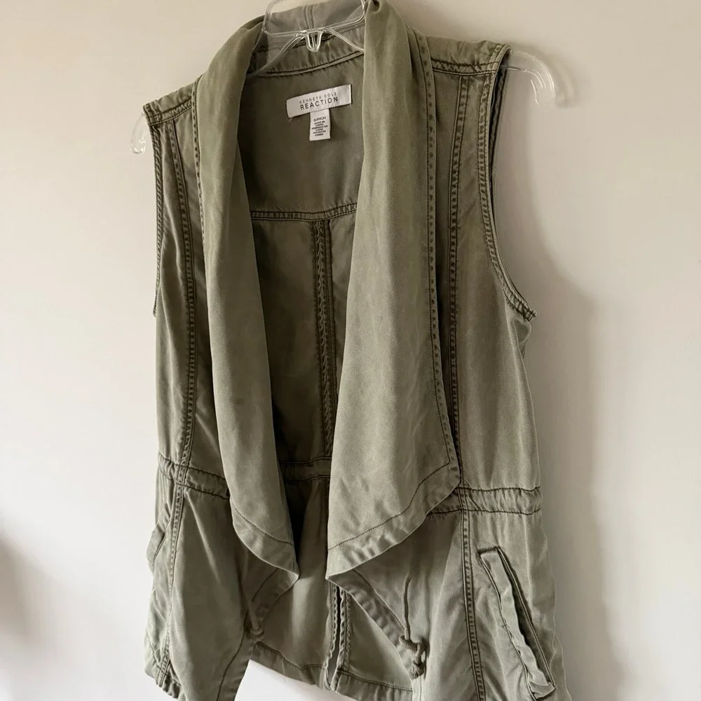 Kenneth Cole‎ Reaction Women Olive Green Tencel Draped Open Front Utility Vest S